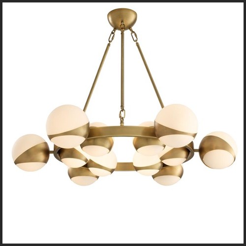 Lustre avec structure en laiton antique et verre blanc 24-Brass Balls