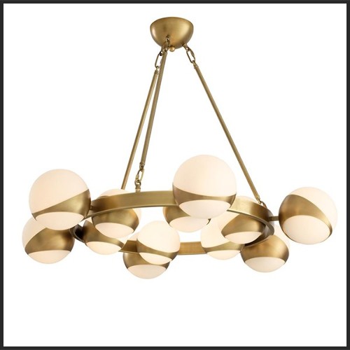 Chandelier with structure in antique brass finish and white glass 24-Brass Balls
