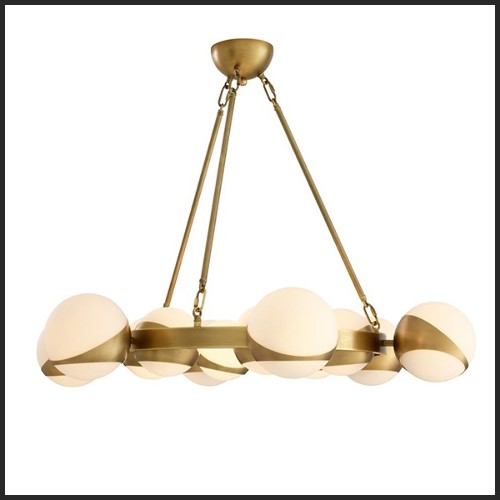 Chandelier with structure in antique brass finish and white glass 24-Brass Balls