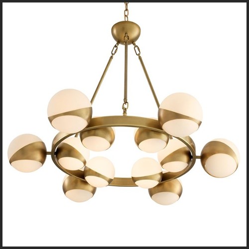 Chandelier with structure in antique brass finish and white glass 24-Brass Balls