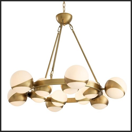 Chandelier with structure in antique brass finish and white glass 24-Brass Balls