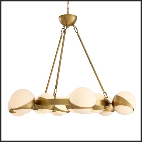 Chandelier with structure in antique brass finish and white glass 24-Brass Balls