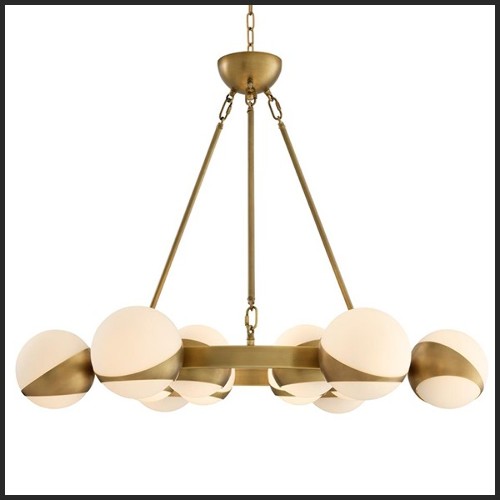Chandelier with structure in antique brass finish and white glass 24-Brass Balls