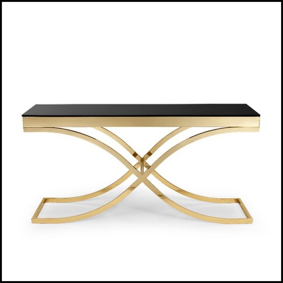 Console table with structure in metal gold finish and with tempered black glass top 162-Soft Cross