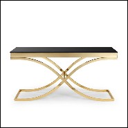Console avec structure en métal finition or et plateau en verre noir trempé 162-Soft Cross