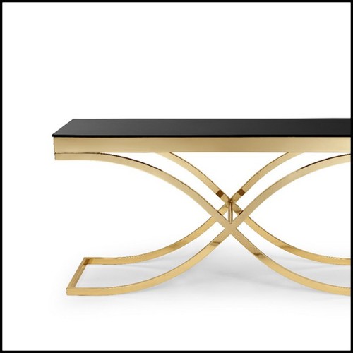 Console avec structure en métal finition or et plateau en verre noir trempé 162-Soft Cross