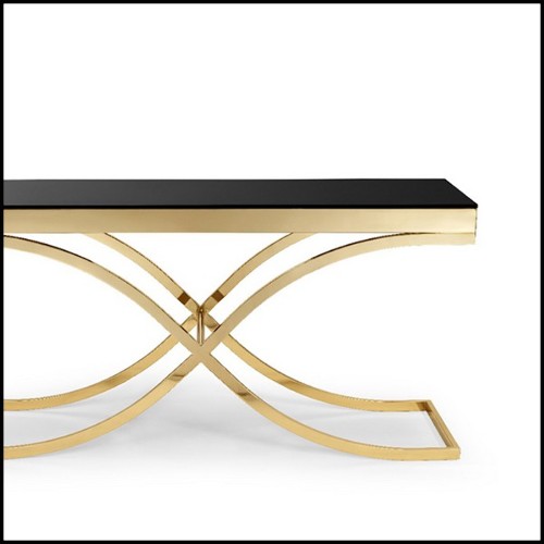 Console avec structure en métal finition or et plateau en verre noir trempé 162-Soft Cross