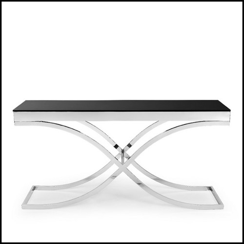 Console avec structure en métal finition or et plateau en verre noir trempé 162-Soft Cross