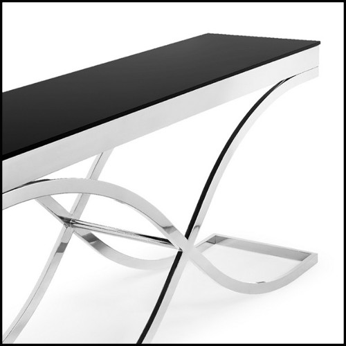 Console avec structure en métal finition or et plateau en verre noir trempé 162-Soft Cross