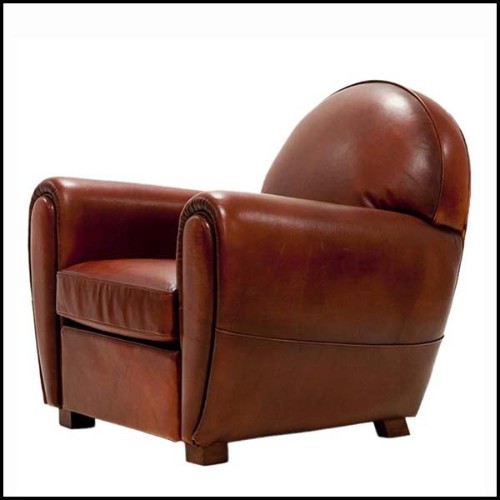 Armchair with natural brown genuine leather and with structure in solid wood 176-Club