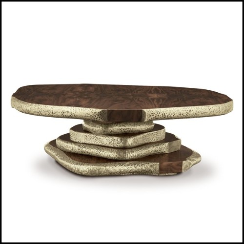 Table basse en placage de palissandre et de noyer avec laiton massif martelé à la main 155-Walnut Slices