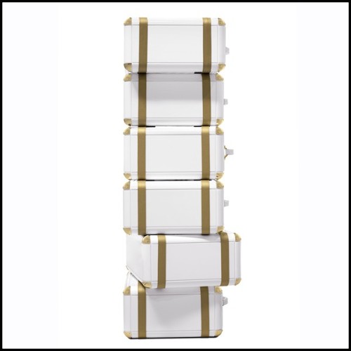 Étagère avec structure en bois massif laqué blanc avec détails laiton plaqué or 177-White Flight Case of 6
