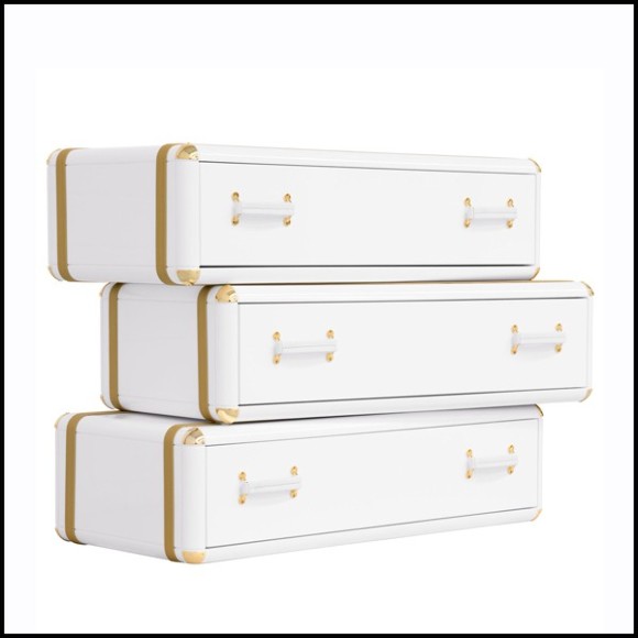 Étagère de 3 tiroirs avec structure en bois massif laqué blanc et détails en laiton plaqué or 177-White Flight Case of 3