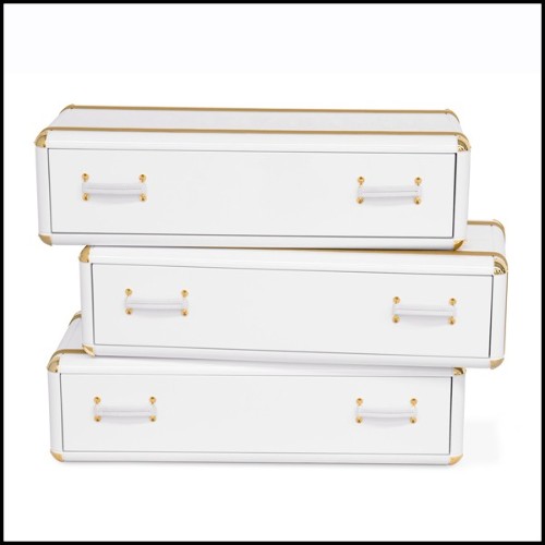 Étagère de 3 tiroirs avec structure en bois massif laqué blanc et détails en laiton plaqué or 177-White Flight Case of 3