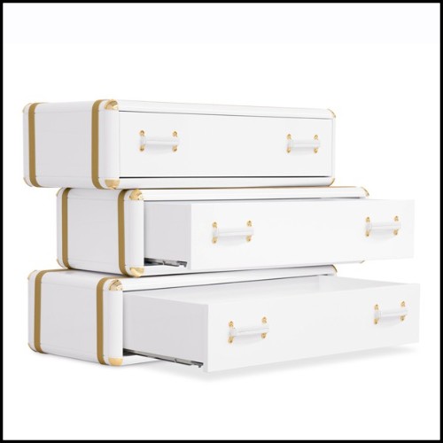 Étagère de 3 tiroirs avec structure en bois massif laqué blanc et détails en laiton plaqué or 177-White Flight Case of 3