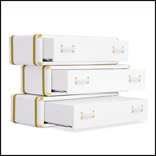 Étagère de 3 tiroirs avec structure en bois massif laqué blanc et détails en laiton plaqué or 177-White Flight Case of 3