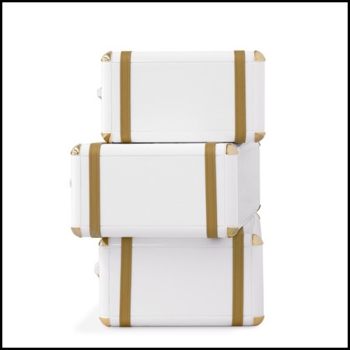 Étagère de 3 tiroirs avec structure en bois massif laqué blanc et détails en laiton plaqué or 177-White Flight Case of 3