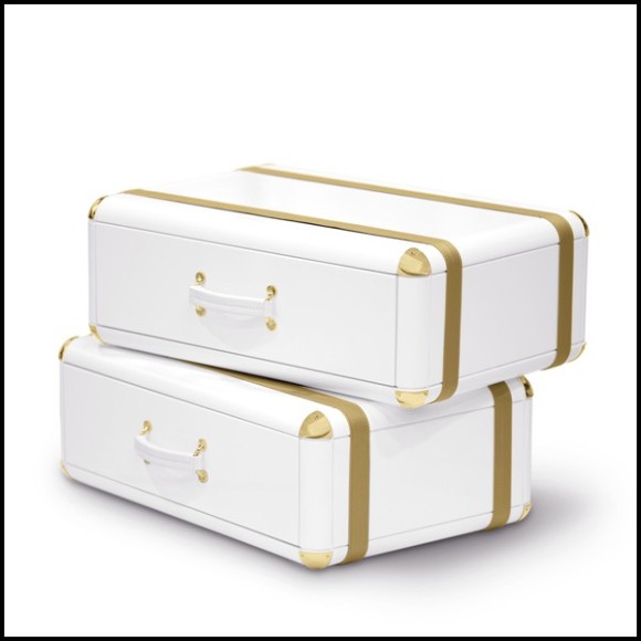 Coffre 2 tiroirs avec structure en bois massif laqué blanc et détails en laiton plaqué or 177-White Flight Case of 2