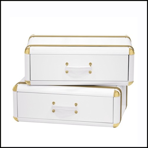 Coffre 2 tiroirs avec structure en bois massif laqué blanc et détails en laiton plaqué or 177-White Flight Case of 2