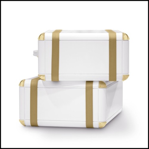 Coffre 2 tiroirs avec structure en bois massif laqué blanc et détails en laiton plaqué or 177-White Flight Case of 2