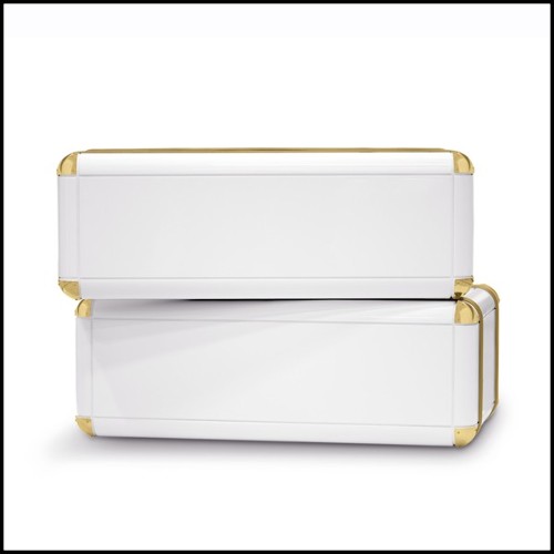 Coffre 2 tiroirs avec structure en bois massif laqué blanc et détails en laiton plaqué or 177-White Flight Case of 2