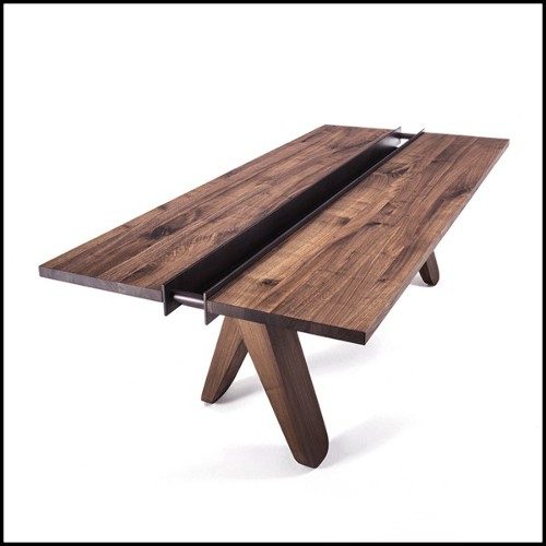 Table de repas avec structure en bois de noyer massif avec partie centrale en fer forgé laqué fin 154-Sharing