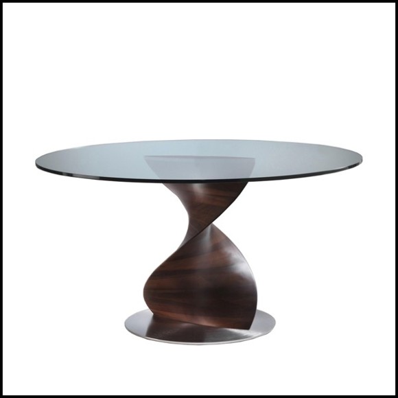 Table avec base sculptée à la main en bois de noyer massif poli et plateau en verre trempé 163-Round ADN