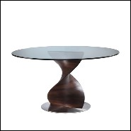 Table avec base sculptée à la main en bois de noyer massif poli et plateau en verre trempé 163-Round ADN