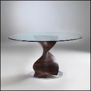 Table avec base sculptée à la main en bois de noyer massif poli et plateau en verre trempé 163-Round ADN