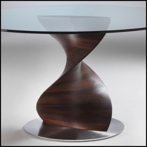 Table avec base sculptée à la main en bois de noyer massif poli et plateau en verre trempé 163-Round ADN