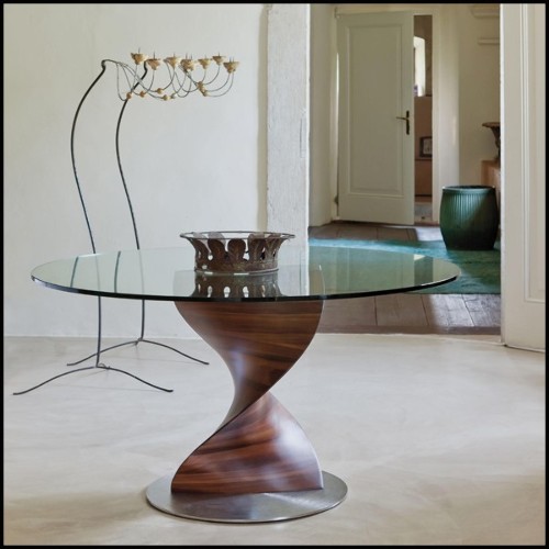 Table avec base sculptée à la main en bois de noyer massif poli et plateau en verre trempé 163-Round ADN
