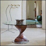 Table avec base sculptée à la main en bois de noyer massif poli et plateau en verre trempé 163-Round ADN