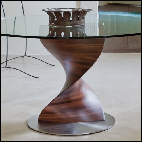 Table avec base sculptée à la main en bois de noyer massif poli et plateau en verre trempé 163-Round ADN