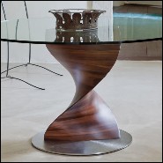 Table avec base sculptée à la main en bois de noyer massif poli et plateau en verre trempé 163-Round ADN