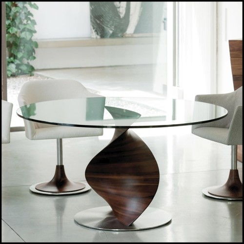 Table avec base sculptée à la main en bois de noyer massif poli et plateau en verre trempé 163-Round ADN