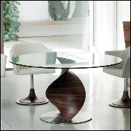 Table avec base sculptée à la main en bois de noyer massif poli et plateau en verre trempé 163-Round ADN