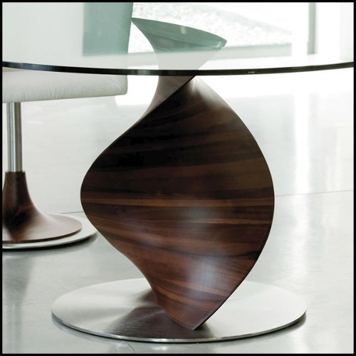 Table avec base sculptée à la main en bois de noyer massif poli et plateau en verre trempé 163-Round ADN