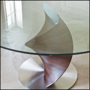 Table avec base sculptée à la main en bois de noyer massif poli et plateau en verre trempé 163-Round ADN