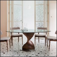 Table avec base sculptée à la main en bois de noyer massif poli et plateau en verre trempé 163-Round ADN