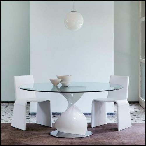 Table avec base sculptée à la main en bois de noyer massif poli et plateau en verre trempé 163-Round ADN