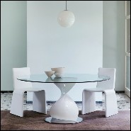 Table avec base sculptée à la main en bois de noyer massif poli et plateau en verre trempé 163-Round ADN