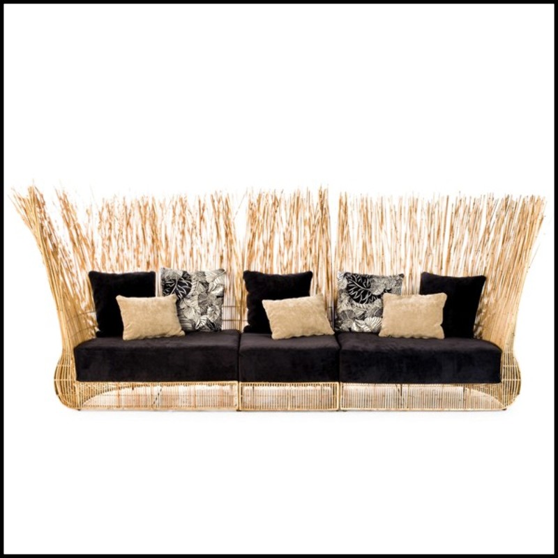 Canapé en acier et rotin naturel composé de 2 fauteuils d'angle et d'un siège lounge central 178-Bundle Triple