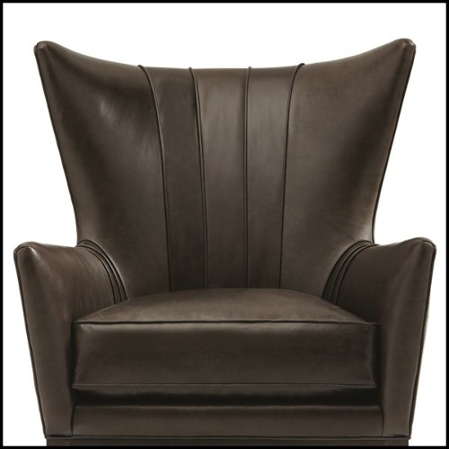 Armchair with structure in solid wood covered with brown genuine leather 180-Kenton