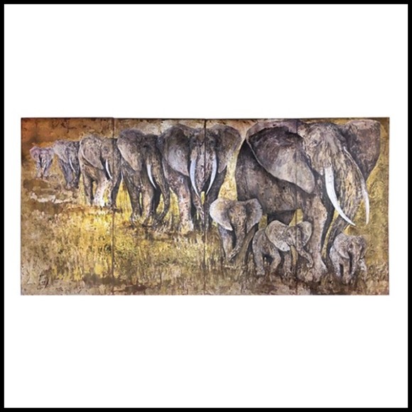 Peinture d'éléphants réalisée sur 4 toiles PC-Elephants Quadriptyque