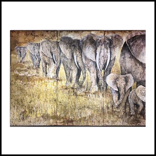 Painting of elephants made on 4 canvas PC-Elephants Quadriptyque