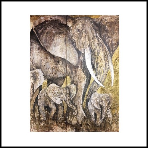 Painting of elephants made on 4 canvas PC-Elephants Quadriptyque