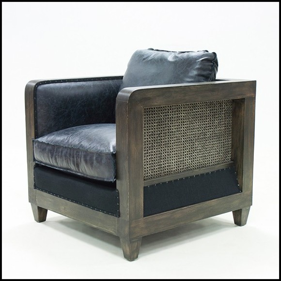 Fauteuil avec structure en bois patiné cannage vintage naturel et cuir vintage noir 176-Black Cannage