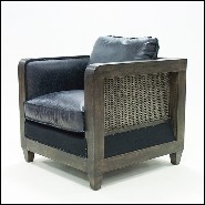 Fauteuil avec structure en bois patiné cannage vintage naturel et cuir vintage noir 176-Black Cannage