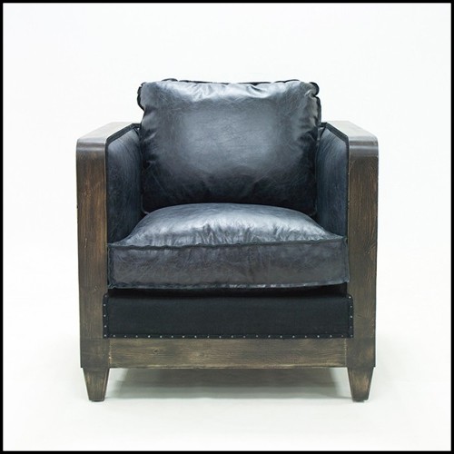 Fauteuil avec structure en bois patiné cannage vintage naturel et cuir vintage noir 176-Black Cannage