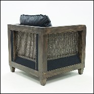 Fauteuil avec structure en bois patiné cannage vintage naturel et cuir vintage noir 176-Black Cannage